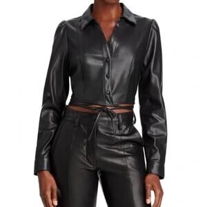 Lucy Paris Black Faux Leather Vegan Long Sleeve Tie Waist Button Up Crop Top S